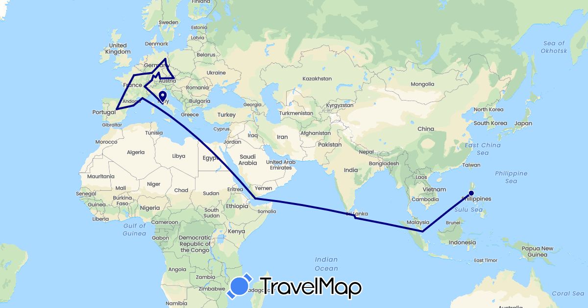 TravelMap itinerary: driving in Austria, Switzerland, Czech Republic, Germany, Spain, France, Italy, Sri Lanka, Philippines, Singapore, Yemen (Asia, Europe)